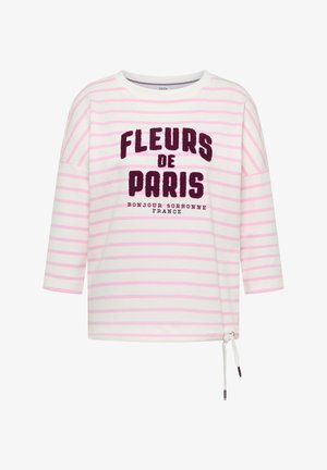 Valko- ja vaaleanpunaraitainen pitkähihainen paita, jossa teksti "Fleurs de Paris Bonjour Sorbonne France" ja valkoinen kiristysnauha sivussa.