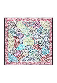 Vierkante sjaal met een kleurrijk bloemenpatroon met rode, blauwe, gele en groene accenten op een lichte achtergrond, omrand met zwart.