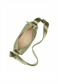 Olivgrüne Nylon-Crossbody-Tasche, mit Reißverschluss, beige Innenausstattung, verstellbarer Satin-Trageriemen, schlanke rechteckige Form, minimalistisches Design.