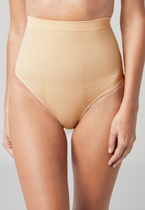 Hoge taille shapewear van naadloos beige stof, met een gestructureerd patroon en een gladde elastische tailleband voor een comfortabele pasvorm.