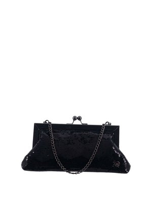 Pochette nera con paillettes, struttura in metallo, chiusura a sfera e manico corto con catena metallica.