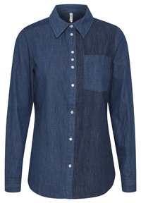 Camicia di jeans con maniche lunghe, tessuto blu bicolore, patta con bottoni metallici, tasca sul petto lato sinistro.