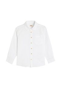 Witte langekraagshirt met knoopsluiting aan de voorkant, lichte textuur, houten knopen, kraag en een enkele borstzak.