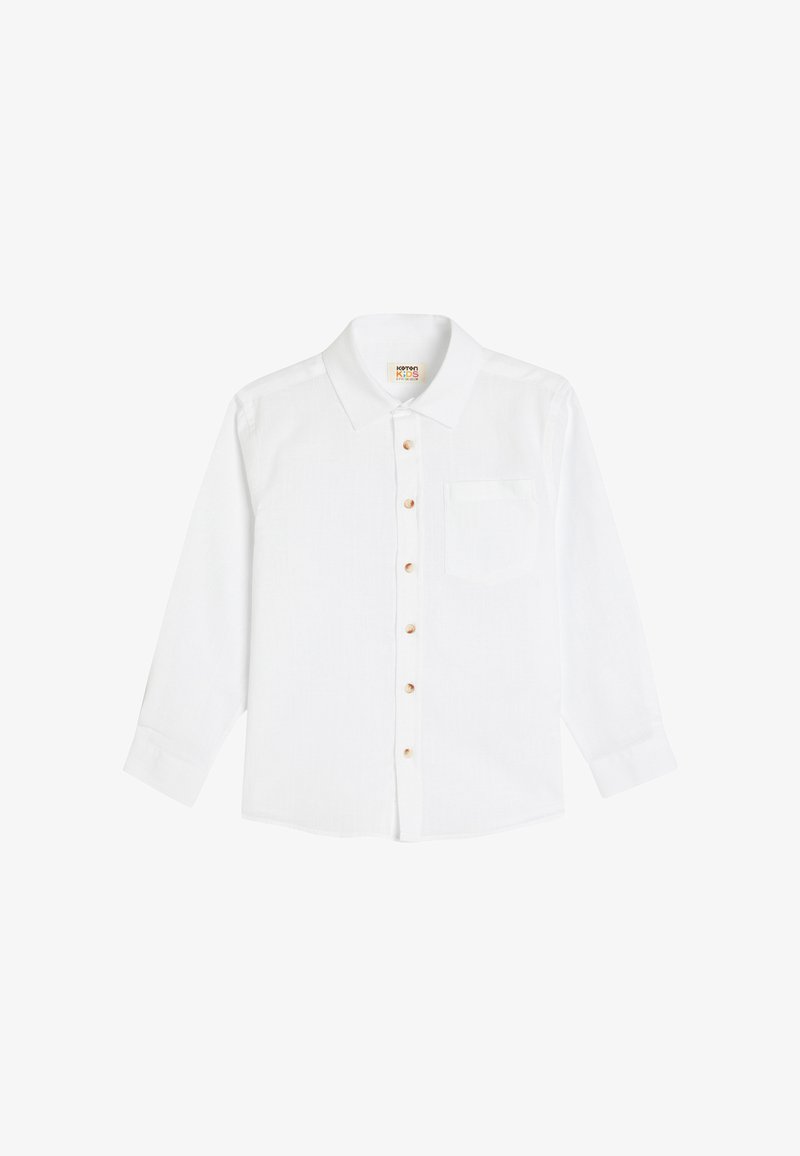 Witte langekraagshirt met knoopsluiting aan de voorkant, lichte textuur, houten knopen, kraag en een enkele borstzak.