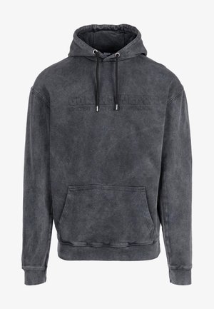 Donkergrijze hoodie van zacht katoen, met een voorste kangaroo-pocket, trekkoorden op de capuchon en een reliëf logo van het merk.