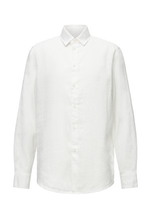 Long-sleeve white linen shirt with buttoned front, pointed collar, and buttoned cuffs, displayed on a white background.