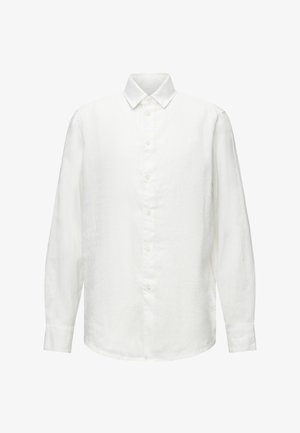 Long-sleeve white linen shirt with buttoned front, pointed collar, and buttoned cuffs, displayed on a white background.