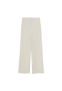 Cream-colored wide-leg trousers with a high waist, featuring front slits and a button closure. Made from smooth, lightweight fabric.