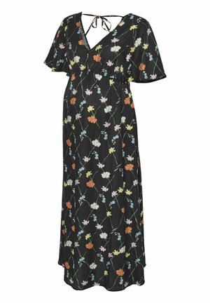 Robe maxi florale noire avec de courtes manches flottantes. Présente un col en V et une ceinture à nouer, ornée de motifs floraux multicolores. Tissu léger.