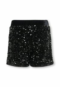 Juodi šortai su blizgančiomis skaidriomis akutėmis ir lygia aksomone juosmens juosta. Audinį dengia blizgantys, apvalūs akutės, sukuriantys tekstūruotą, žvilgantį paviršių.