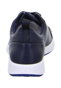 Navy blue sneaker with textured leather upper, padded collar, pull tab on heel, and thick white sole viewed from the back.