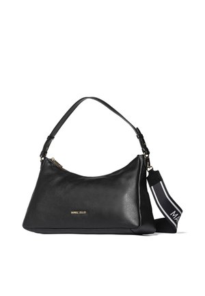 Sac à main en cuir noir texturé avec une poignée courte et une bandoulière amovible noir et blanc, fermeture éclair dorée et petit logo doré « Marc Ellis » sur le devant.