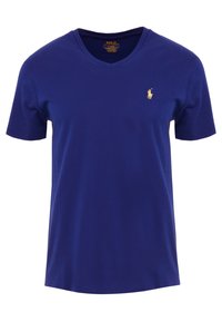 Blå kortärmad t-shirt i bomull med v-ringning och en liten guld broderad logotyp på vänster bröst. Slät textur, standard passform.