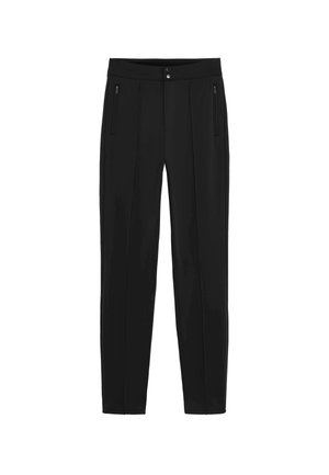 Black trousers with a smooth texture, featuring two zippered front pockets and a straight leg design. Front pleats create subtle detailing.