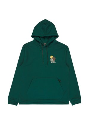 Grüne Kapuzenjacke mit Kordelzugkapuze, Kängurutasche und surf-inspiriertem Grafikdesign in Gold und Braun. Hergestellt aus weichem, strukturiertem Stoff.