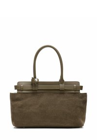 Torebka tote w oliwkowym zamszu z skórzanymi akcentami, o strukturalnym designie, z podwójnymi uchwytami i zapięciem na zatrzask. Gładka faktura z subtelnymi detalami haftu.