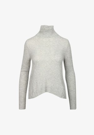 Maglione di lana grigio chiaro a maniche lunghe con collo alto a dolcevita e un orlo asimmetrico delicato.