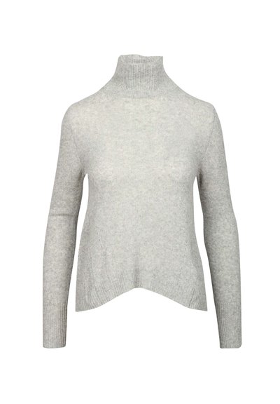 Maglione di lana grigio chiaro a maniche lunghe con collo alto a dolcevita e un orlo asimmetrico delicato.