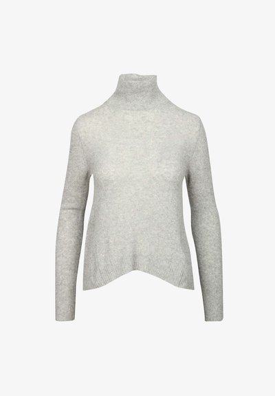 Maglione di lana grigio chiaro a maniche lunghe con collo alto a dolcevita e un orlo asimmetrico delicato.