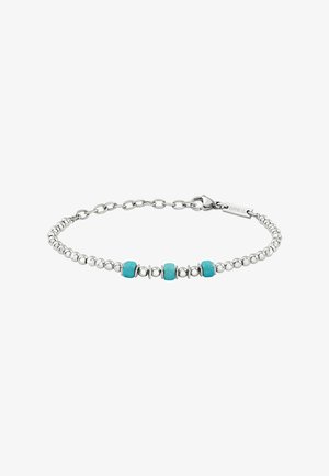 Bracciale a catena d'argento con perle metalliche rotonde e tre accenti cilindrici turchesi. Include una chiusura a moschettone e una targhetta del marchio.