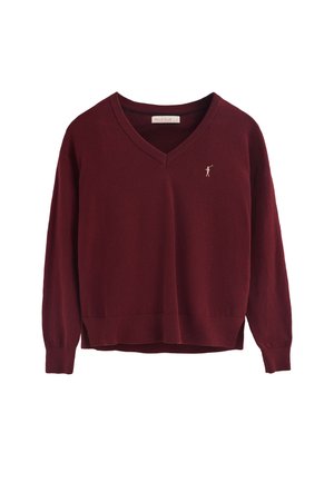 Burgundy V-neck sweater made of soft fabric, featuring ribbed cuffs and hem, with a small logo detail on the chest.