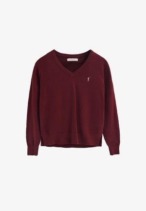 Burgundy V-neck sweater made of soft fabric, featuring ribbed cuffs and hem, with a small logo detail on the chest.