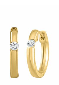 Pendientes de aro de oro con un acabado liso y pulido. Cada pendiente cuenta con un acento de diamante redondo y transparente ubicado en la parte delantera.