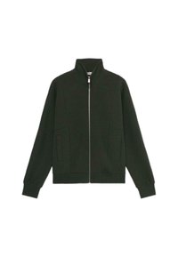 Zelená bundová mikina na zip s vysokým límcem, postraními kapsami a volným střihem. Vyrobena z měkké tkaniny s hladkým povrchem a minimalistickým designem.