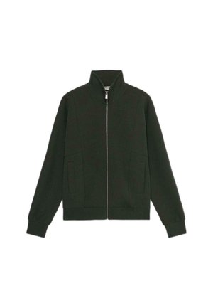 Zielona kurtka na zamek błyskawiczny z wysokim kołnierzem, kieszeniami bocznymi i luźnym krojem. Wykonana z miękkiego materiału o gładkiej fakturze i minimalistycznym wzornictwie.