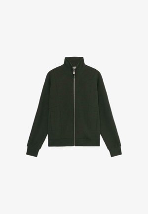 Zielona kurtka na zamek błyskawiczny z wysokim kołnierzem, kieszeniami bocznymi i luźnym krojem. Wykonana z miękkiego materiału o gładkiej fakturze i minimalistycznym wzornictwie.