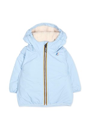 Lichtblauwe kinderjas met capuchon, zachte crèmekleurige voering en een rits aan de voorkant met blauwe, witte en gele strepen en een klein logo op de borst.