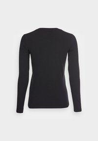 Zwarte lange mouw top van rekbaar materiaal. Heeft een ronde halslijn en een gladde textuur. Geen zichtbare patronen of accenten.