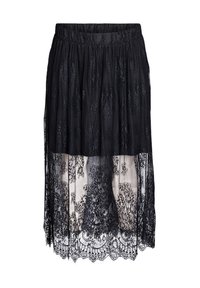 Gonna nera in pizzo con un design a strati; presenta un motivo floreale, orlo a scallops e una vita elastica per il massimo comfort.