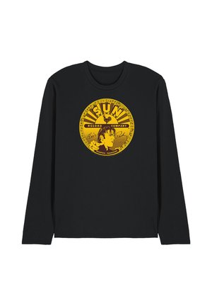 Schwarzes Langarmshirt mit gelbem, rundem Sun Record Company-Logo, das einen Hahn, eine Illustration von Elvis Presley und den Schriftzug Memphis, Tennessee zeigt.