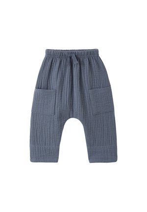 Soft blue toddler pants with elastic waistband, front drawstring, ribbed texture, and two square patch pockets on each thigh.