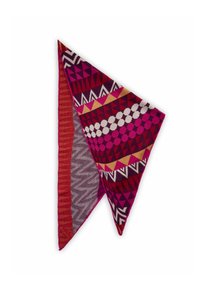 Buntes dreieckiges Tuch mit geometrischen Mustern in Pink, Lila, Gold und Rot. Hergestellt aus leichtem Stoff mit strukturierter Oberfläche.