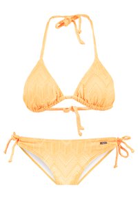 Bikini giallo a fantasia con top triangolare e lacci regolabili. Presenta un design testurizzato con motivi geometrici su entrambi i pezzi.