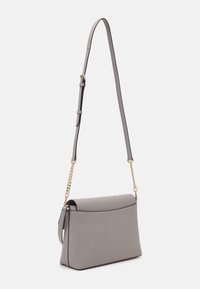 Gray leather shoulder bag with a rectangular shape, featuring a flap closure, adjustable strap, and gold-tone chain accents.