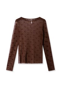 Top marrón transparente de manga larga con un patrón texturizado y un diseño de logotipo repetido. Cuello redondo y silueta ajustada.