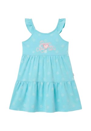 Robe bleu clair sans manches pour tout-petit avec bretelles volantées, motifs de soleil blancs et broderies de cœurs roses et de texte sur la poitrine.
