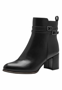 Black leather ankle boot with a pointed toe and block heel. Features two adjustable straps with silver buckles and a smooth texture.