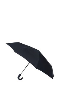 Ombrello nero con manico curvo, realizzato in tessuto e metallo. Presenta una superficie liscia e un design classico con una ampia chioma.