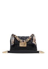 Borsa nera in pelle trapuntata con catena dorata e dettagli in sciarpa animalier. Presenta un emblema dorato e una tracolla removibile.