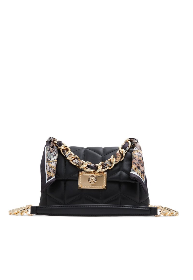 Borsa nera in pelle trapuntata con catena dorata e dettagli in sciarpa animalier. Presenta un emblema dorato e una tracolla removibile.