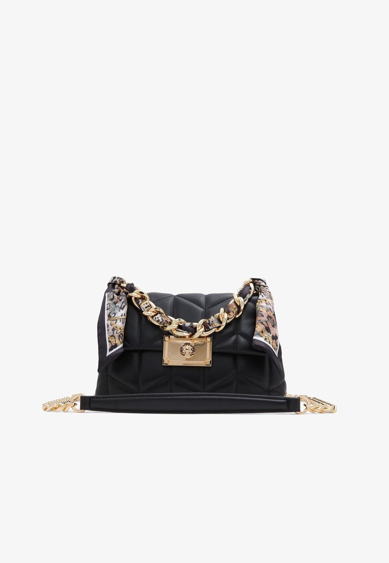 Borsa nera in pelle trapuntata con catena dorata e dettagli in sciarpa animalier. Presenta un emblema dorato e una tracolla removibile.