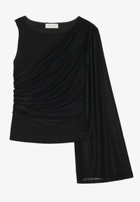 Svart topp med én lang arm og draperte detaljer foran. Laget av et glatt, lett stoff med rund hals.