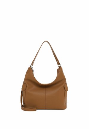 Bolso de hombro de cuero marrón con un asa corta, bolsillos laterales con solapas y una correa larga desmontable sobre un fondo blanco.