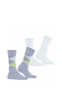 Cztery pary skarpetek: dwie białe skarpetki typu crew oraz dwie szare skarpetki w argyle z zielonymi, białymi i ciemnoszarymi wzorami w romby. Wykonane z mieszanki bawełny.