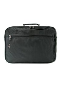 Zwarte computertas met een gestructureerde afwerking, dubbele ritssluiting en een voorvak. Voorzien van een stevig handvat voor eenvoudig dragen.