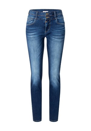 Schmale Jeans aus dunkelblauem Denim mit einem verwaschenen Design, ausgestattet mit einer mittelhohen Taille und einem doppelt geknöpften Verschluss vorne.